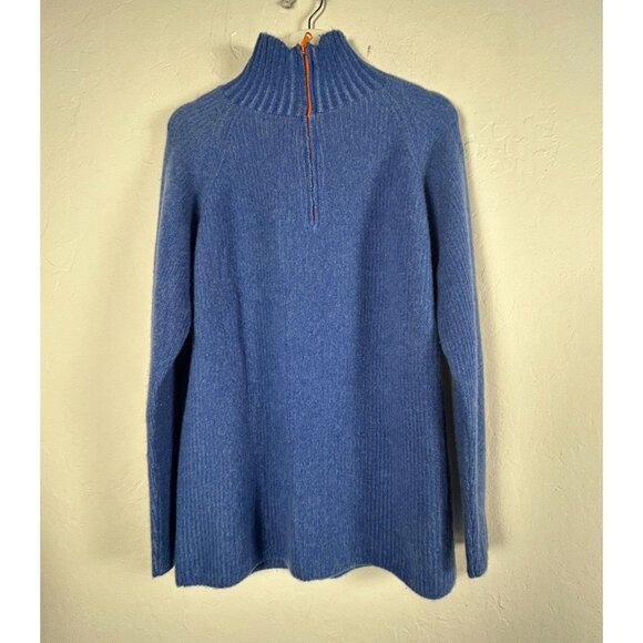 The Elder Statesman Womens Blue Cashmere Ribbed 1/4 Zip Mock Neck Sweater Large - Picture 1 of 8